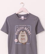 Gray t-shirt with a large graphic on the front center. The graphic shows Pusheen the Cat's quality toe beans as the graphic states.