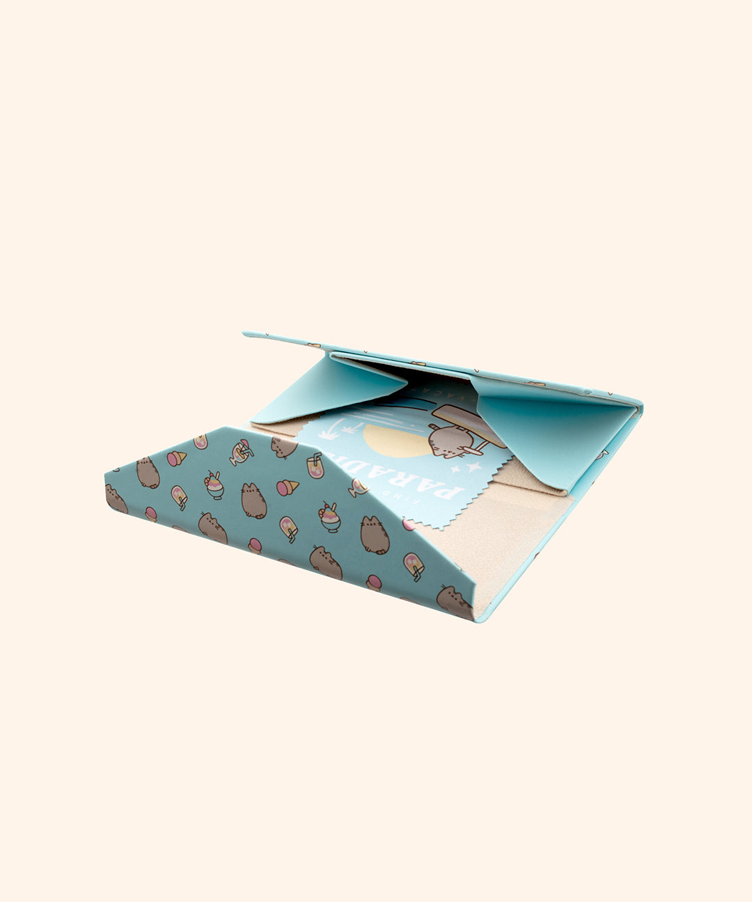 Interior of the Glasses Case showing the light beige interior with included glasses cleaning cloth.