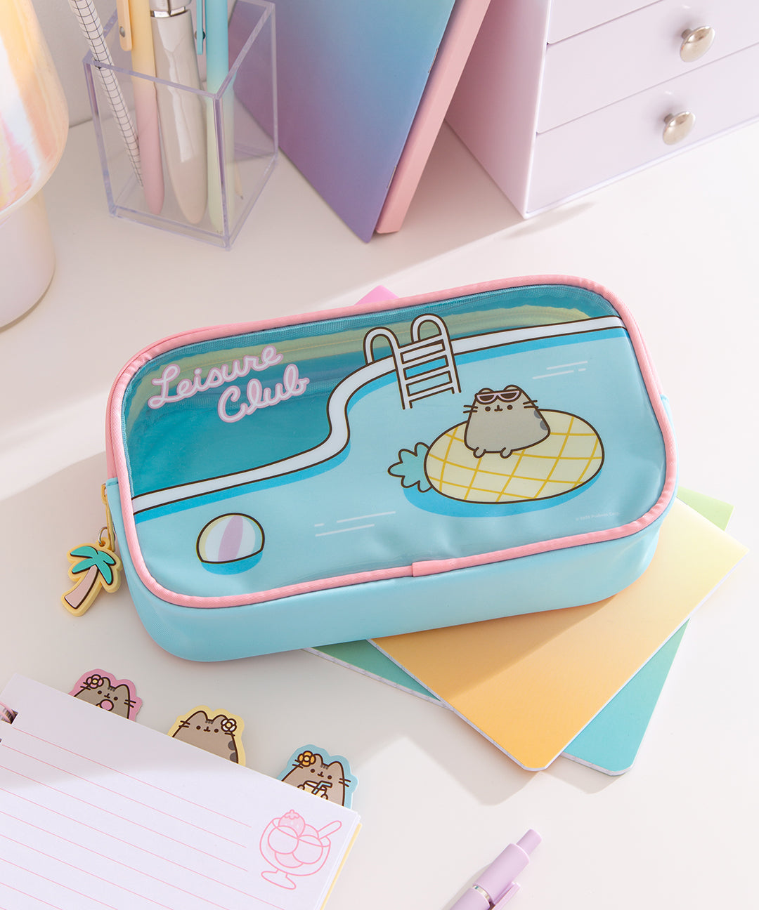 Pusheen Pencil Case shown at an angle to demonstrate that the top front of the case is see-through.