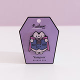 Vampurr Pusheen Pin on a purple card with a light purple background.