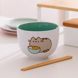 Ceramic Pusheen Yum Ramen Bowl has a large graphic of Pusheen the Cat enjoying a bowl of ramen noodles.