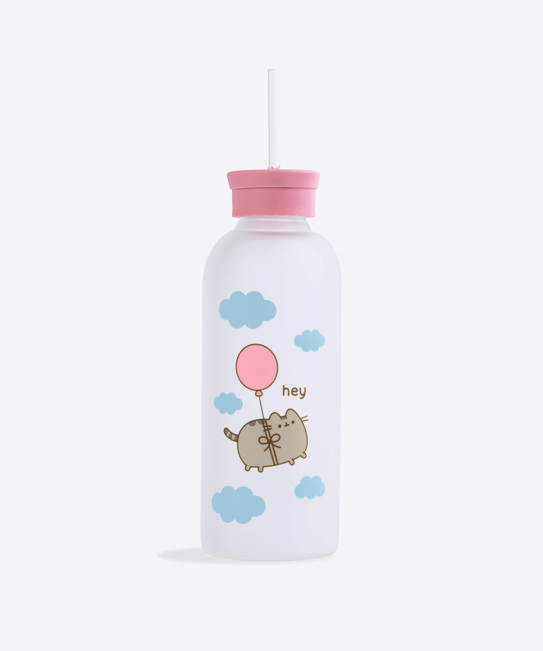 Front view of Pusheen Balloons Glass Water Bottle. The glass water bottle has a silicone finish that covers the clear bottle. Printed on the Pusheen water bottle is a graphic of Pusheen the Cat tied to a pink balloon and saying "hey" while floating through blue clouds.