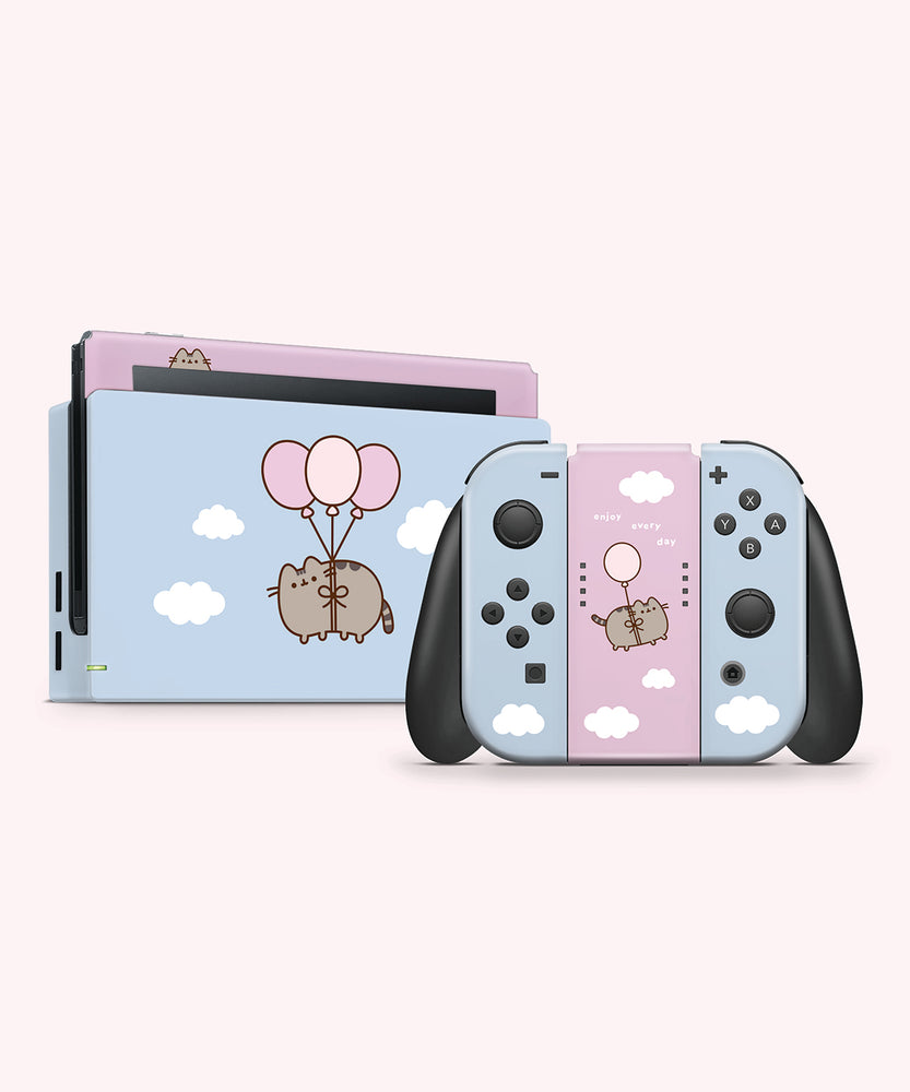 All skin decals included in the Pusheen Balloons Nintendo Switch Skin. The light pink and light blue set has stickers to cover the Switch dock, one set of Joy-Cons, one set of Joy-Con straps, and Joy-Con grip.