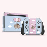 All skin decals included in the Pusheen Balloons Nintendo Switch Skin. The light pink and light blue set has stickers to cover the Switch dock, one set of Joy-Cons, one set of Joy-Con straps, and Joy-Con grip.