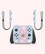 Pusheen-themed Nintendo Switch Skin on a Switch controller and joy cons. The joy con skin is a light blue color.