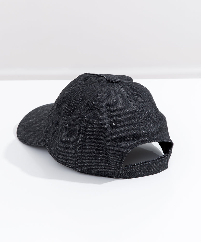 Back view of the charcoal-colored hat. The baseball style cap has a top button, eyelet holes for head ventilation, and an adjustable Velcro strap on the back for customized fit. 