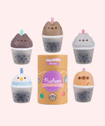 Boba Tea Surprise Squishy characters surround the cardboard packaging capsule that each squishy comes in. The five squishys each stand around 3" tall.