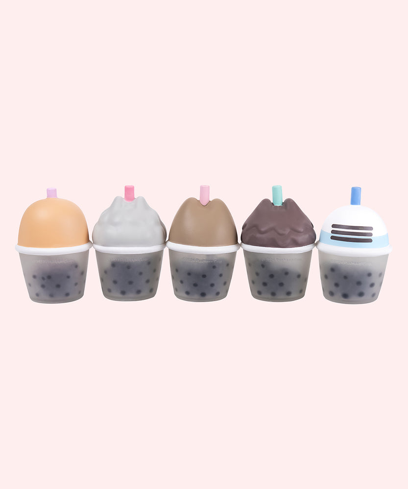 Line up of the Pusheen Bubble Tea Surprise Squishy toys' backs. Each squishy's front coloring and texture matches on the back of each respective squishy.