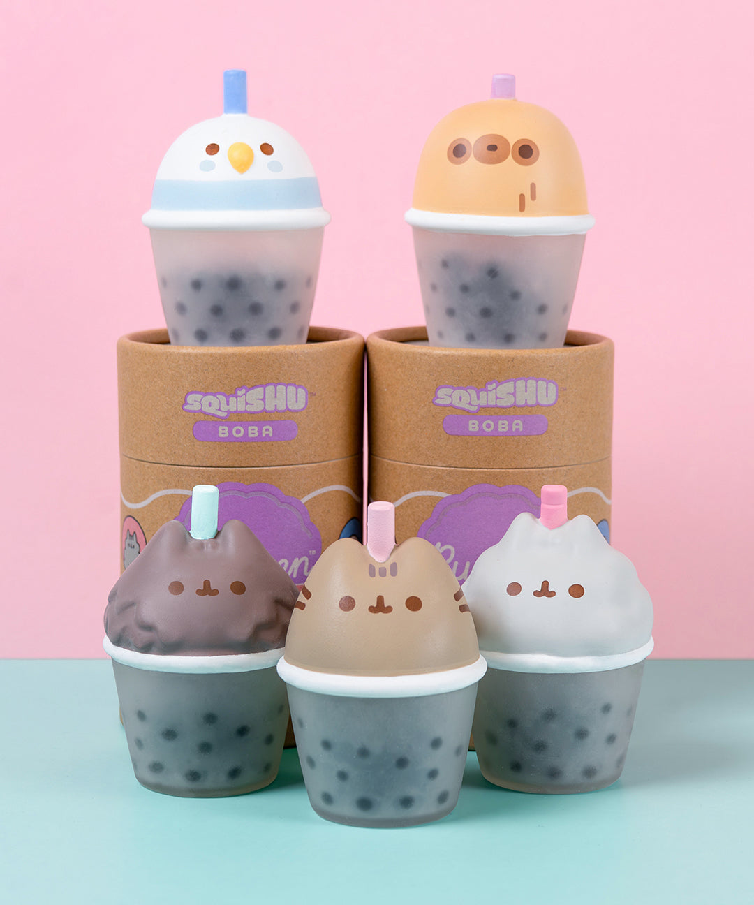 Bubble tea surprise squishy toys of Pusheen the Cat, Pip, Stormy, Sloth, and Bo the Parakeet.