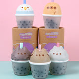 Bubble tea surprise squishy toys of Pusheen the Cat, Pip, Stormy, Sloth, and Bo the Parakeet.