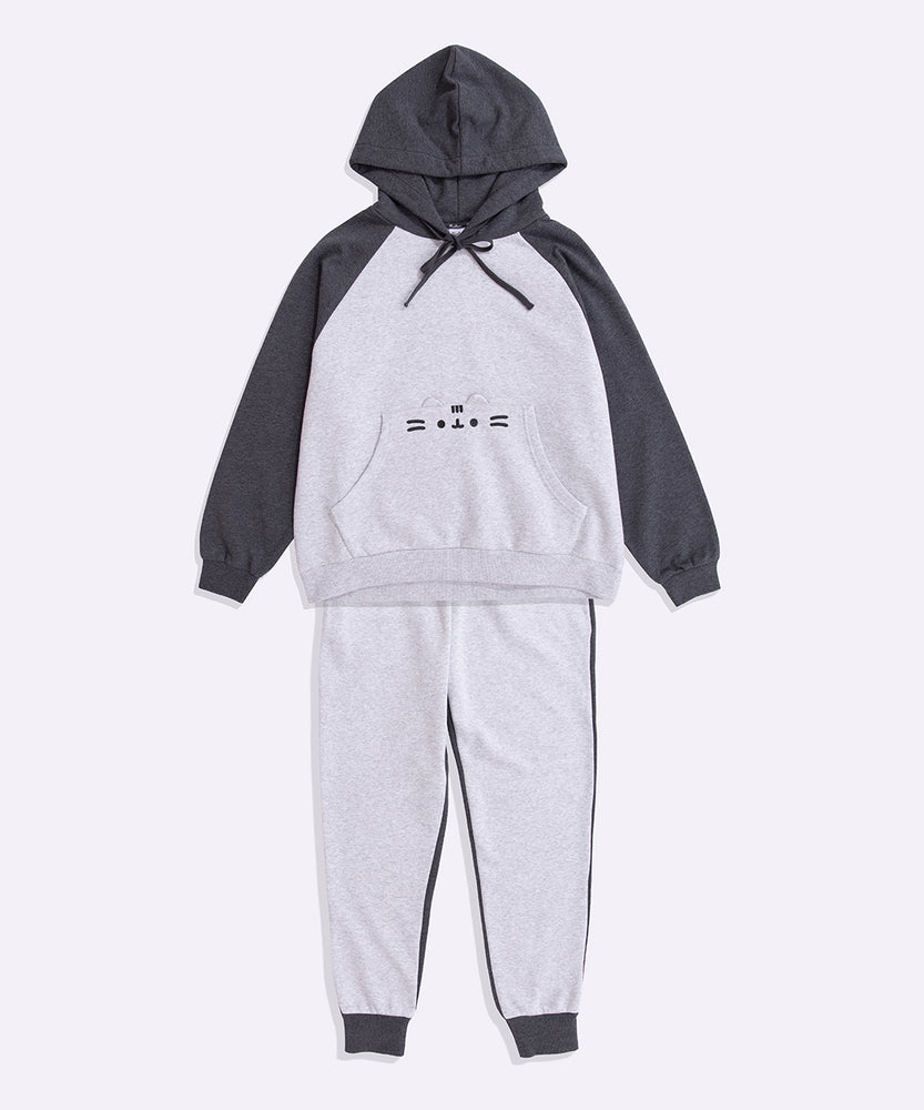 Full view of the Pusheen Character Loungewear Set. The two-toned hoodie and jogger set has cinched cuffs on both the hoodie and the ankles of the pants.