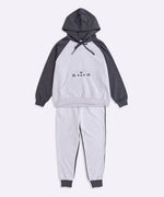 Full view of the Pusheen Character Loungewear Set. The two-toned hoodie and jogger set has cinched cuffs on both the hoodie and the ankles of the pants.