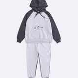 Full view of the Pusheen Character Loungewear Set. The two-toned hoodie and jogger set has cinched cuffs on both the hoodie and the ankles of the pants.