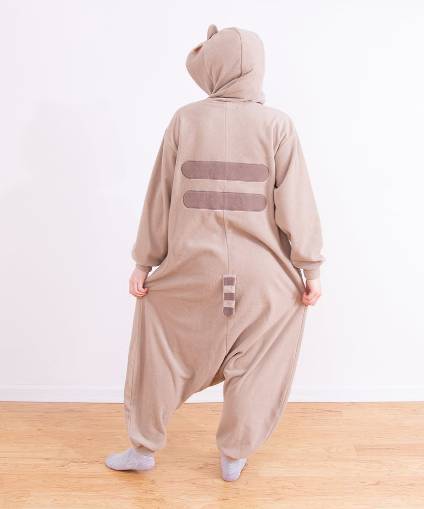 Full view of the back of the Pusheen Kigurumi Onesie. The back features two grey stripes in the center of the back, and a striped tail at the butt. 