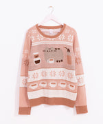 Pusheen Coffee Break Knit Sweater hands on a hanger to show the full length of the brown-toned Pusheen sweater.