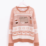Pusheen Coffee Break Knit Sweater hands on a hanger to show the full length of the brown-toned Pusheen sweater.