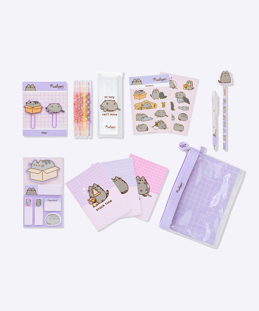 Contents of the Pusheen Deluxe stationery set in front of a light purple background. The set includes two paperclips, highlighters and case, two sticker sheets, a ballpoint pen, pencil, eraser topper, sticky notes, 3 notebooks, and a pouch to hold it all.