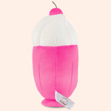 Back view of the Pusheen Fruits Fruit Parfait Plush. The bottom two-thirds of the plush is a hot pink color that tapers to a smaller base while the top portion of the plush of is a swirl of a fuzzy whipped plush topping. 