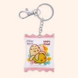 Back view of the Banana Pusheen Keyring. The clear plastic dangle has a pink scalloped border on the top and bottom of the keychain.