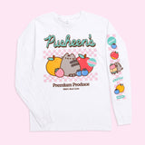 Front view of the Pusheen Fruits Long-Sleeve Tee. The white graphic t-shirt is in front of a colored background. In this view, the large front graphic of Pusheen surrounded by her fruits and the printed graphic detail down the sleeve can be seen.