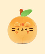 Front view of the Pusheen Fruits Orange Squisheen Plush. The orange plush stands 4” tall and has Pusheen the Cat’s facial features embroidered on the front of the round form in dark brown and dark orange. Coming off the top of the plush is a brown felt stem and green felt leaf. 