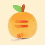 Back view of the Pusheen Fruits Orange Squisheen Plush. The back of the orange squisheen has Pusheen’s signature back stripes duo embroidered in dark orange. Under the stripes is Pusheen’s striped tail in alternating orange colors. Coming off the top of the plush is a brown felt stem and green felt leaf. 