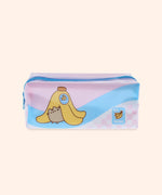 Quarter view of the Pusheen Fruits Pencil Case. The pink top of the pouch is held together by a blue zipper that matches the color of the blue PVC pouch.