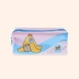 View of the alternate long side of the pouch. Pusheen the Cat hides under a yellow banana cluster. The packground of the graphic is blue, pink, and white and pink checkered print. There is also a small banana graphic with the text " BA NANA"