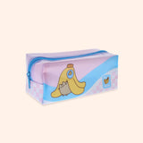 Quarter view of the Pusheen Fruits Pencil Case. The pink top of the pouch is held together by a blue zipper that matches the color of the blue PVC pouch.