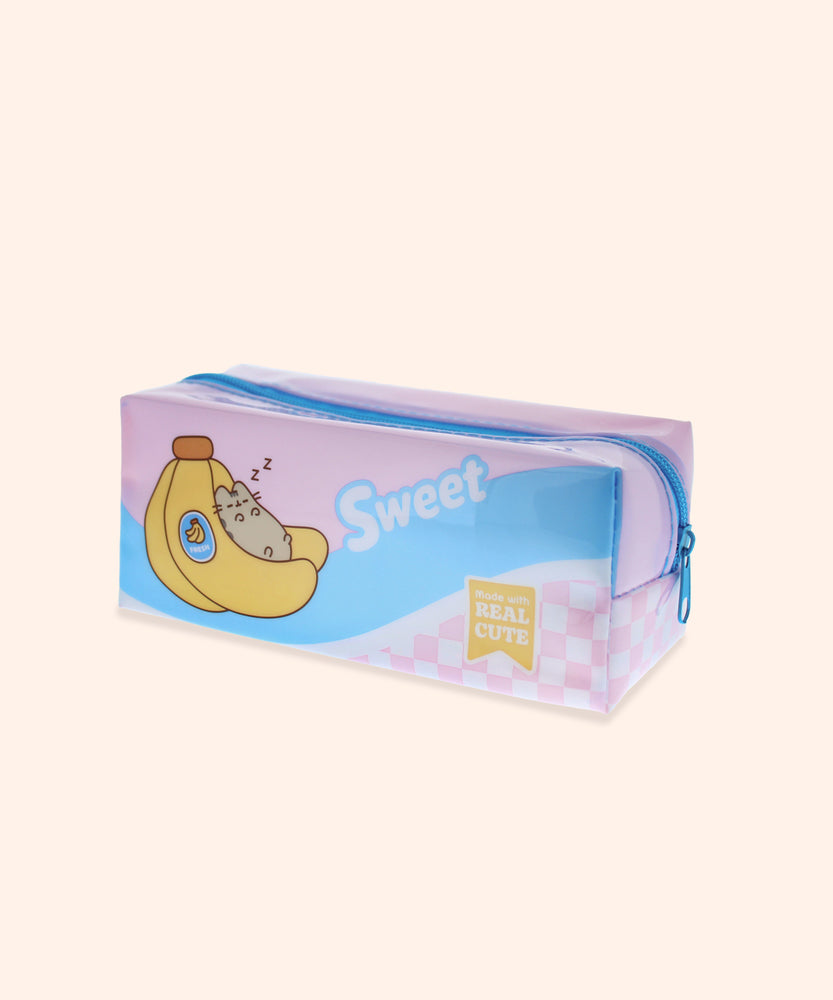 Side view of the Pusheen Fruits Pencil Case. The case is made of pink and blue PVC material and feautres graphics of Pusheen tucked in a Banana cluster on both long sides of the pouch.