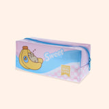 Side view of the Pusheen Fruits Pencil Case. The case is made of pink and blue PVC material and feautres graphics of Pusheen tucked in a Banana cluster on both long sides of the pouch.