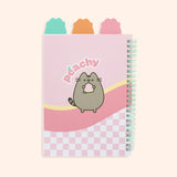 Back view of the Pusheen Fruits Project Notebook in front of a light green background. In front of the pink, yellow, and checkered background in an image of Pusheen holding a peach with the phrase “peachy” above the standing cat.