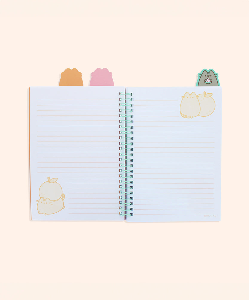 The open notebook shows an orange lined page with Pusheen next to an orange fruit in the top left corner. Above the notebook are tabs that indicate the sections of the notebook. The left page has an orange-colored graphic of an orange fruit resting atop a Pusheen in the bottom left corner.
