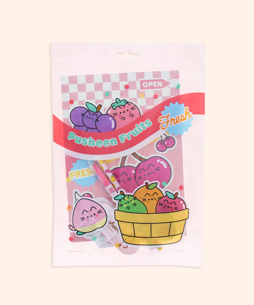 Front view of the enclosed Pusheen Fruits Stationery Set. The items in the set are encased in a clear and pink plastic resealable pouch with a graphic of Pusheen the Cat as various colorful Fruits including grapes, strawberry, peach, cherry, pear, orange, and apple.