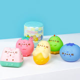 Front view of all Pusheen Fruits Surprise Squishy including the blind box capsule. The Squishys include a pink and mint watermelon slice, pink strawberry, yellow partially-peeled banana, green and brown pear, and blue blueberry.