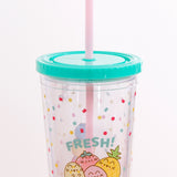 Close-up view of the mint green screw top lid on the Pusheen Fruits Tumbler. Coming out of the top is a light pink straw. 