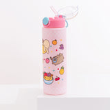 Side view of the Pusheen Fruits Water Bottle. The clear flip-top lid is open to reveal a clear straw. The pink water bottle has designs of Pusheen surrounded by some of her favorite fruits including oranges, grapes, strawberries, pineapple, cherries, and more.