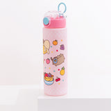 Front view of the Pusheen Fruits Water Bottle. The pink bottle features a clear pop-top lid activated by a blue button, a light blue carrying ring, and a light pink base with white checkered corders and multi-colored Pusheen Fruits graphics.