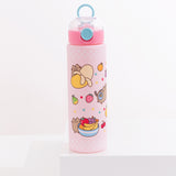 Front view of Pusheen Water Bottle. Various Pusheen the Cats are surrounded by colorful fruit icons including pears, strawberries, oranges, and cherries.