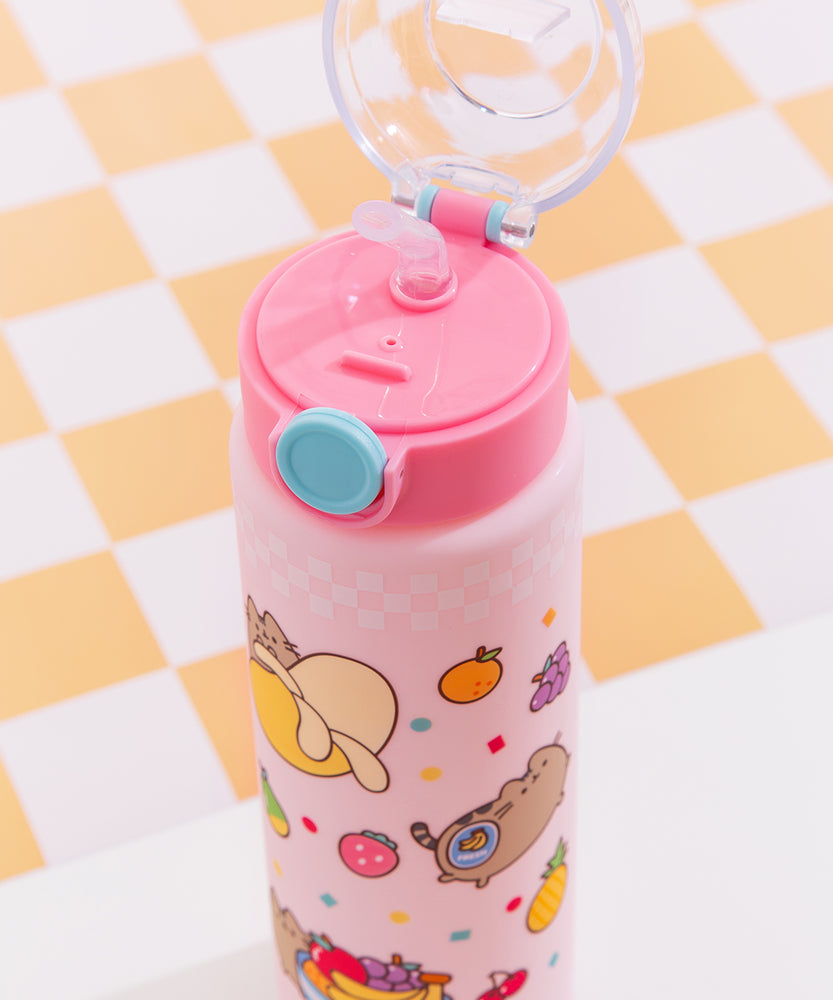 Front view of Pusheen Water Bottle. Various Pusheen the Cats are surrounded by colorful fruit icons including pears, strawberries, oranges, and cherries.