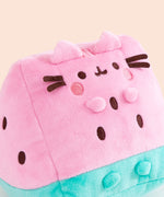 Aerial view of the Watermelon Plush. Pusheen’s face includes her classic three head stripes, eyes, mouth and whiskers plus light pink blush spots near her mouth. 