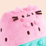 Aerial view of the Watermelon Plush. Pusheen’s face includes her classic three head stripes, eyes, mouth and whiskers plus light pink blush spots near her mouth. 
