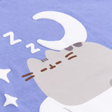 Close-up view of the puff print on the periwinkle tee. The white details surrounding Pusheen the Cat have the puff print effect on this Pusheen Good Night t-shirt. 