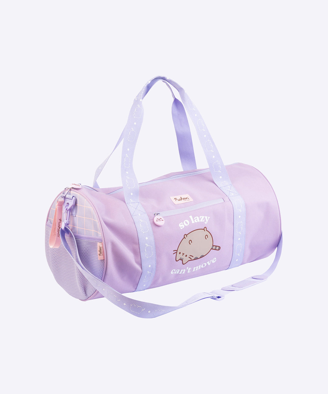 Front view of the Pusheen Gym Bag. The purple travel bag has two top handles and a detachable adjustable straps for carrying options. 