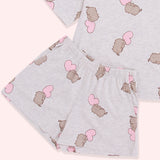 Hearts Pajama Set includes a heather gray short sleeve shirt with Pusheen graphic with pink hearts that match the pattern of the gray lounge shorts.  The shorts have side pockets and an elastic band top for a perfect fit.