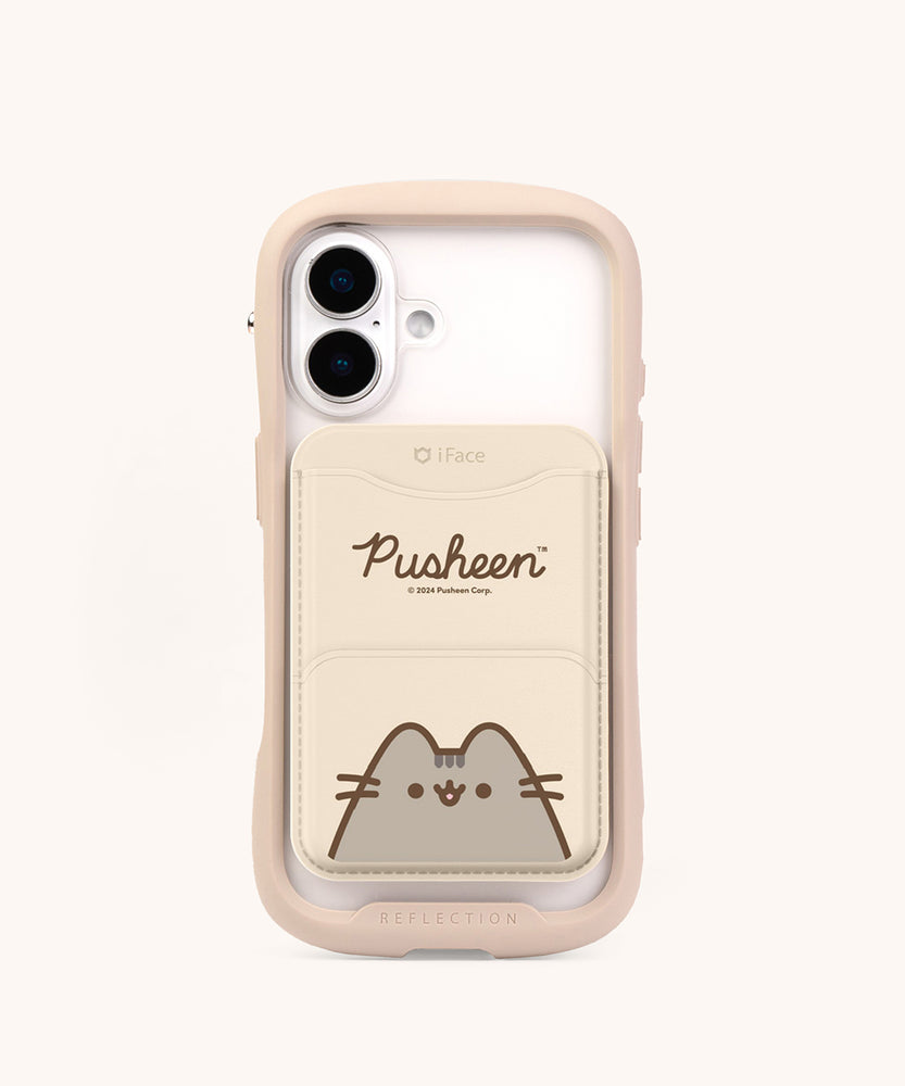 Pusheen Phone wallet attached to a phone to show real life use. The beige phone wallet is attached to an iPhone with a beige case.