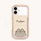 Pusheen Phone wallet attached to a phone to show real life use. The beige phone wallet is attached to an iPhone with a beige case.