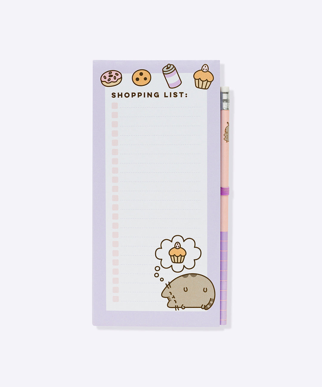 Front view of the Pusheen Magnetic Shopping List. The rectangular pad has two magnets on the back to affix the shopping list notepad to a refrigerator.