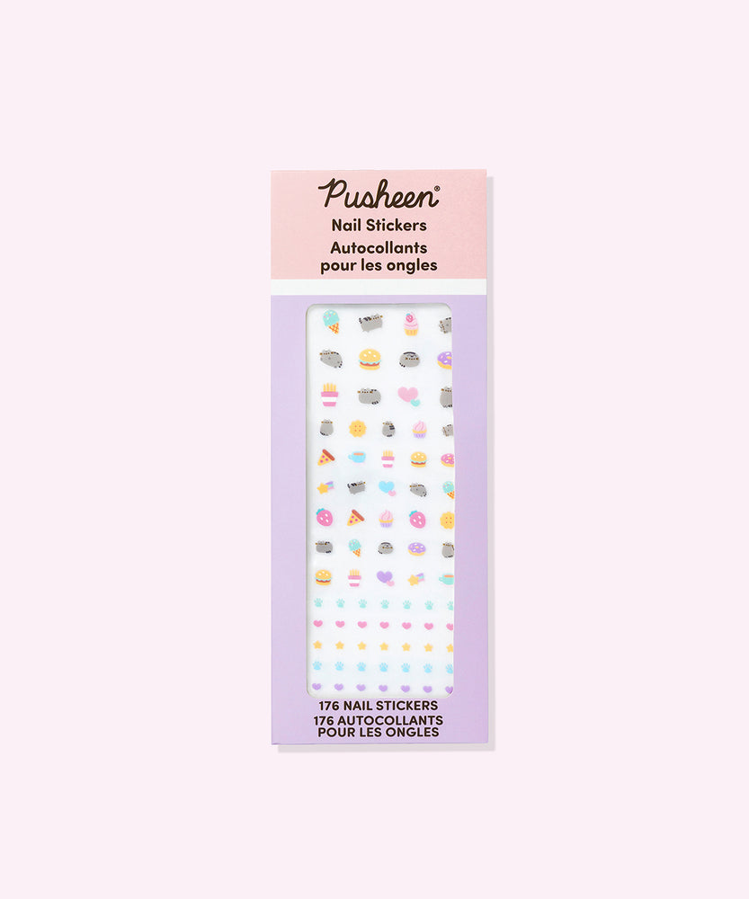 Front view of the packaging for the Pusheen Nail Stickers. The pink and purple package include 2 sheets of nail stickers.