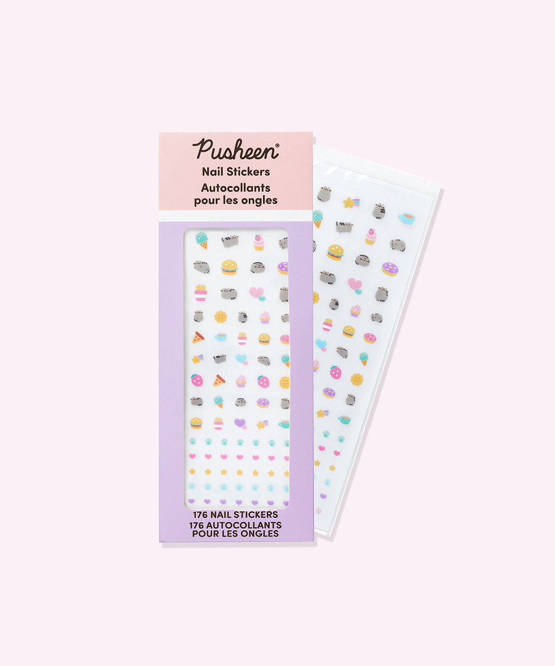 Packaging and nail sticker sheet in the Pusheen Nail Stickers. The packaging indicates that there are 176 nail stickers in the pusheen-themed pack. 